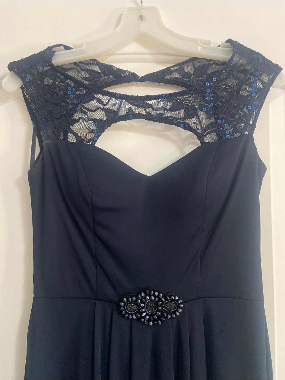 Women's Navy One-Shoulder Evening Dress with Lace Yoke and Beaded Waist
